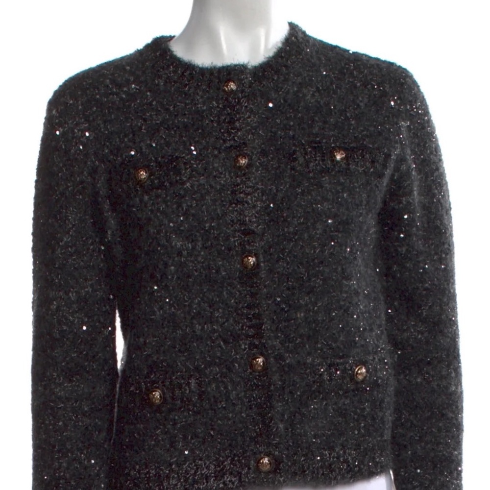 MAJE metallic knit boucle cardigan with removable collar
